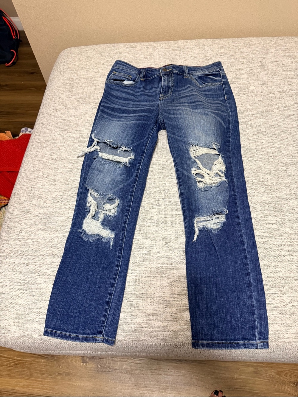 Fashion Nova Women's Distressed Boyfriend Jeans - Dark Blue